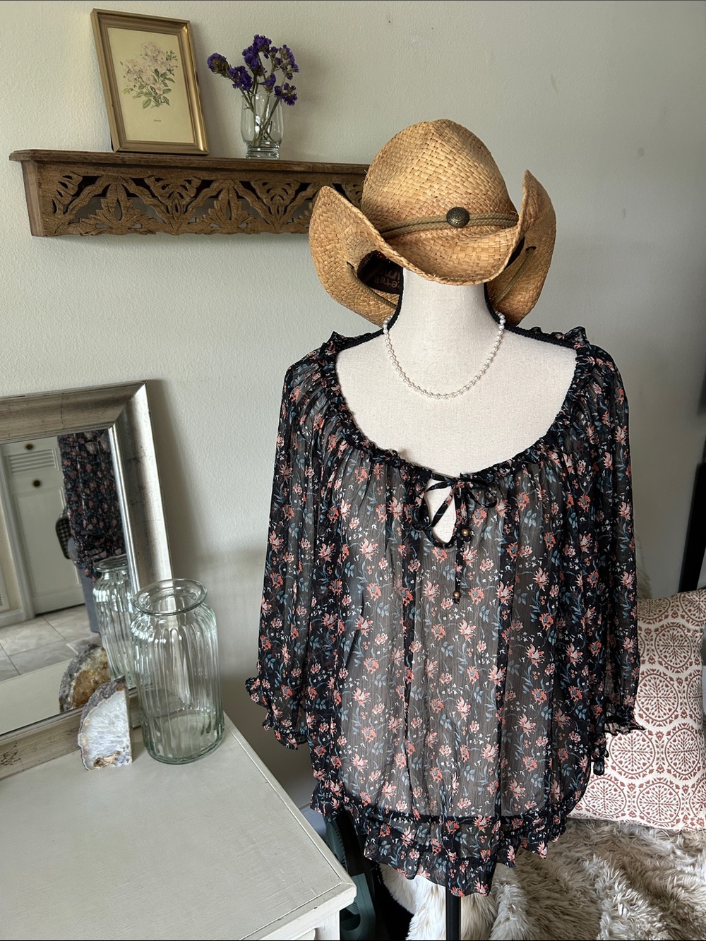 Natural life, black sheer floral BoHo cottage peasant, 3/4 sleeve blouse top XL